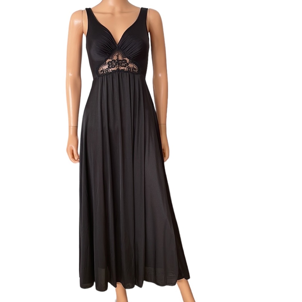 Vintage Olga Bodysilk Black Maxi Slip Dress | Lace Bust | Full Sweep | Size S